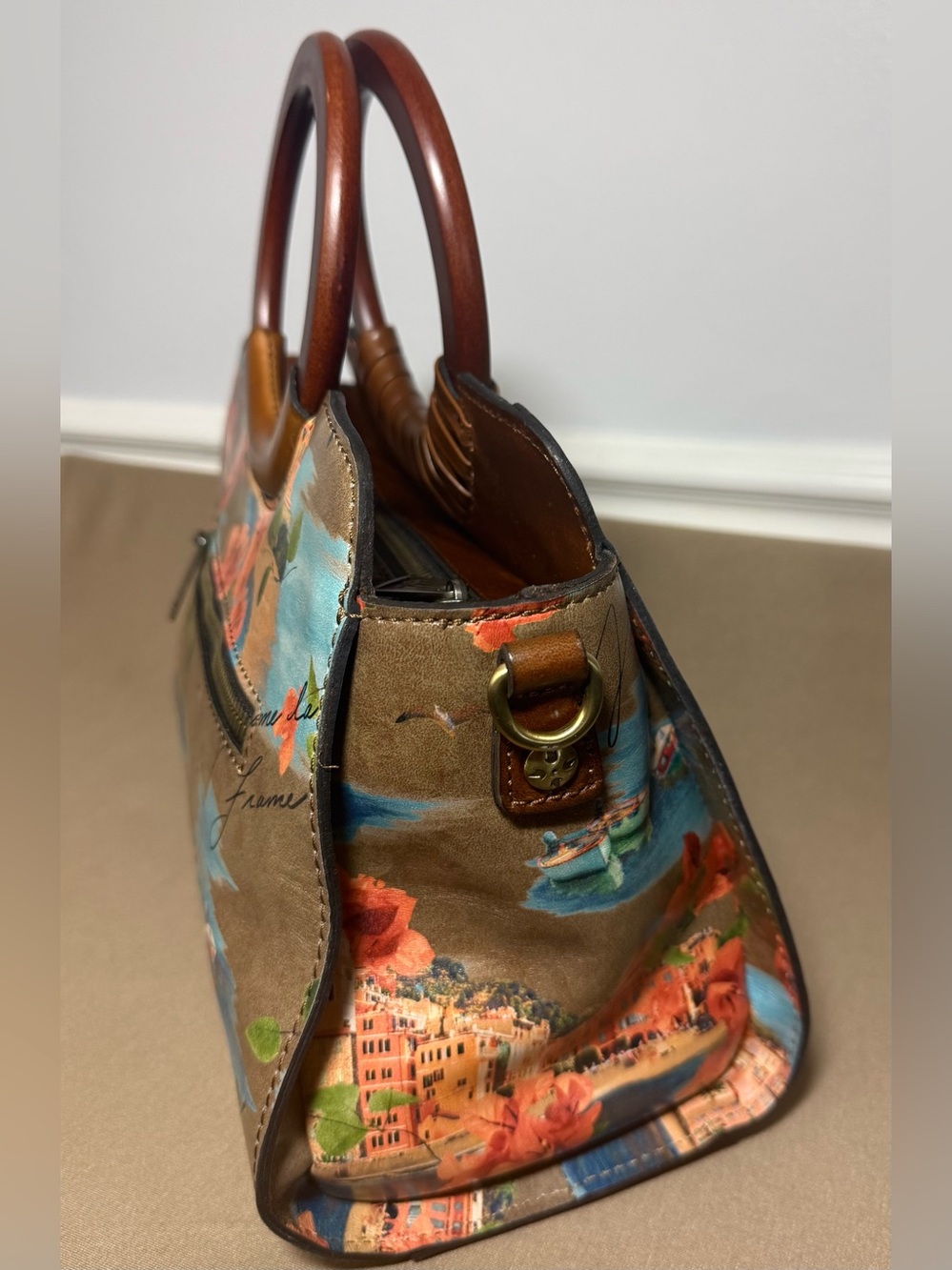 Patricia Nash Brown Floral Coastal Print Satchel with Blue Accents - Picture 5 of 8